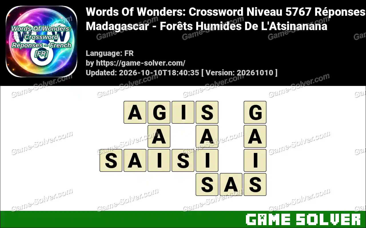 Words Of Wonders: Crossword Niveau 5767 Réponses – Madagascar – Forêts Humides De L’Atsinanana